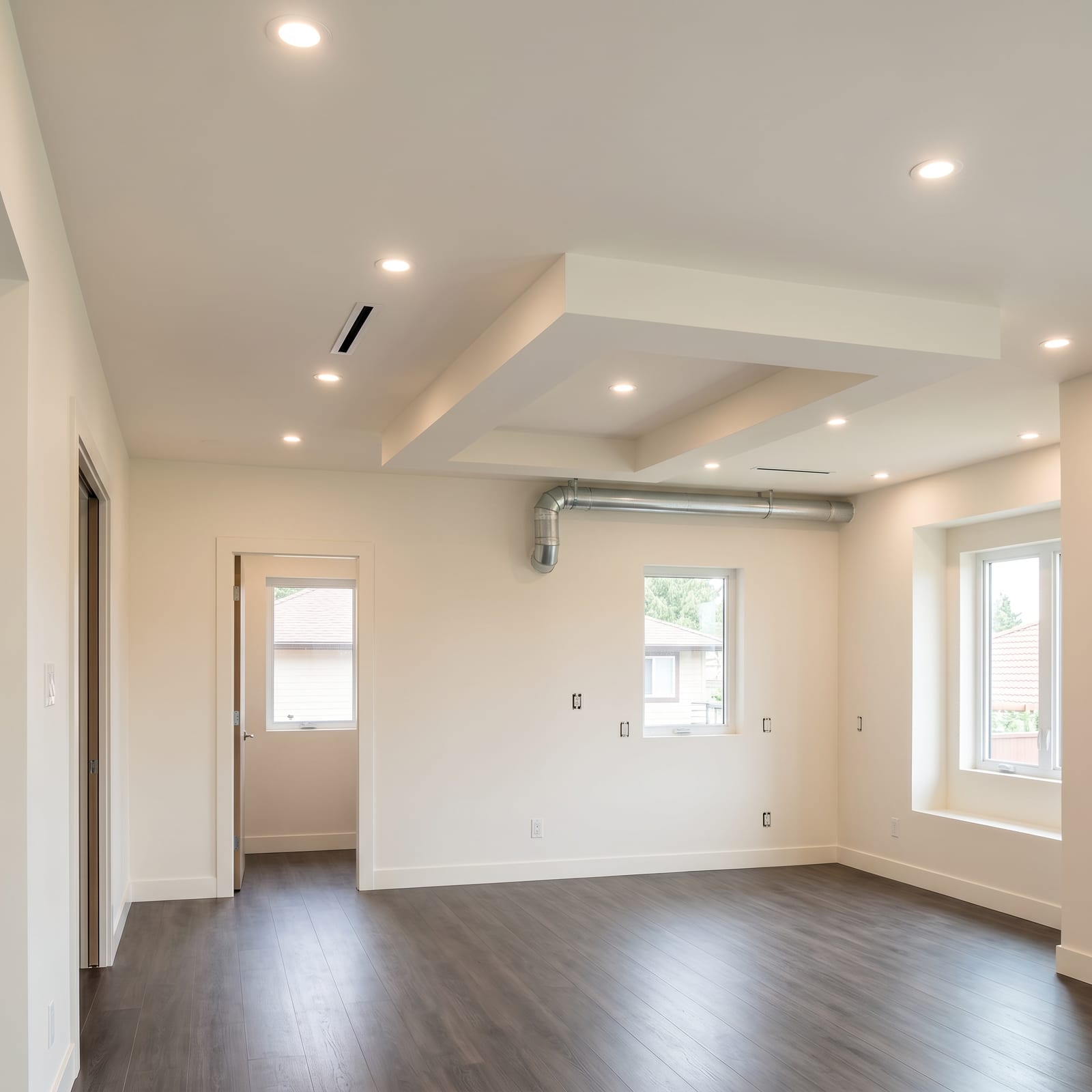 Finished room with coffered ceiling, pot lights and hardwood floor.