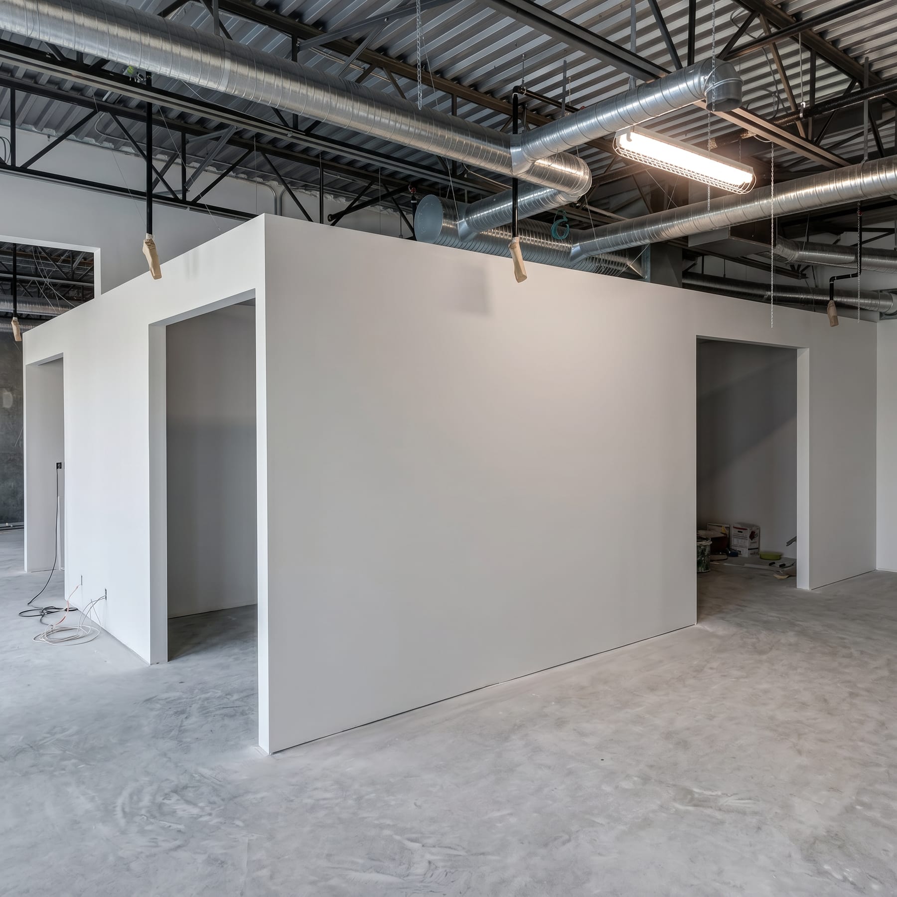 Finished interior office pod inside a warehouse, clean white walls.